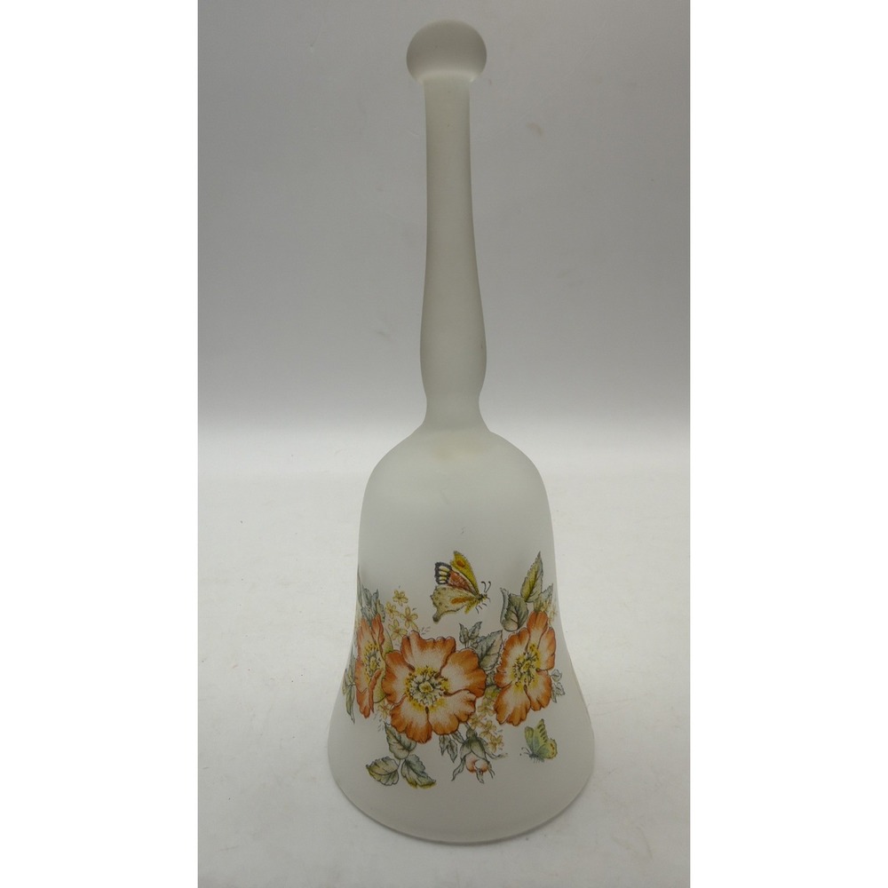 Viking Frosted Glass Hand Bell 6" Flowers Butterflies Vintage w/ sticker